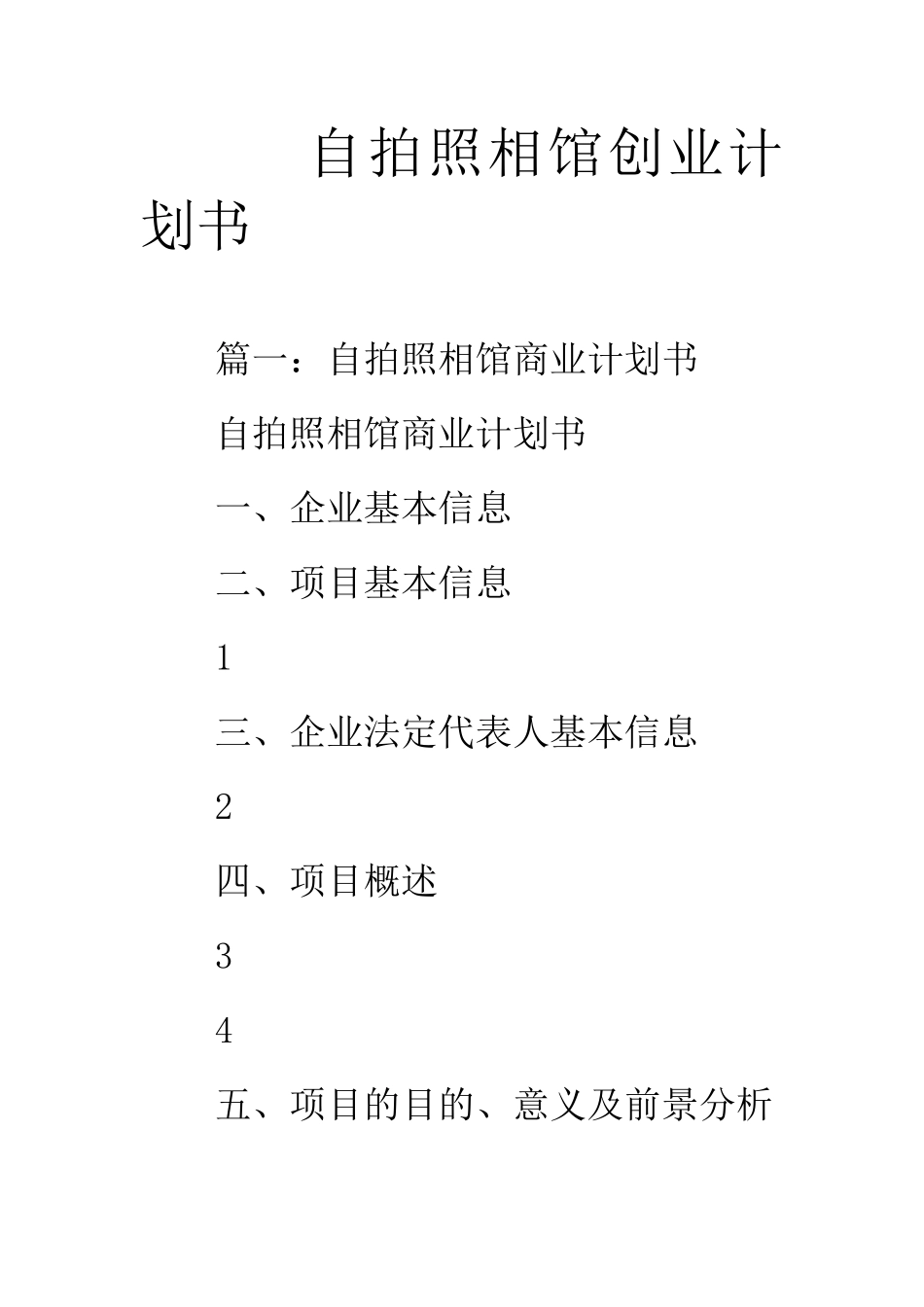 自拍照相馆创业计划书_第1页