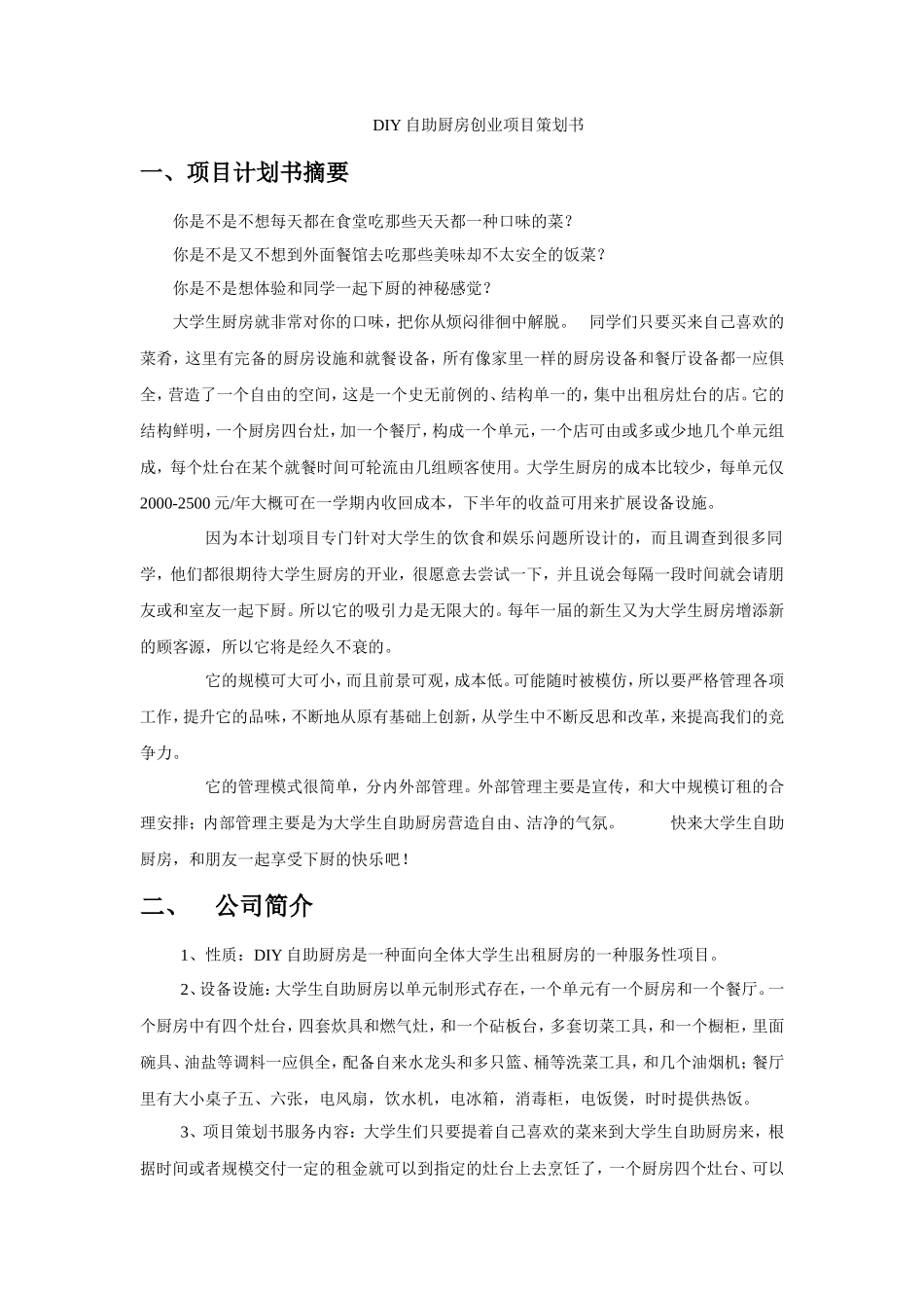 DIY自助厨房创业项目策划书_第1页