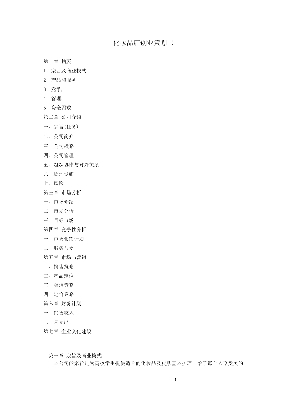 创业策划书——化妆品牌店_第1页