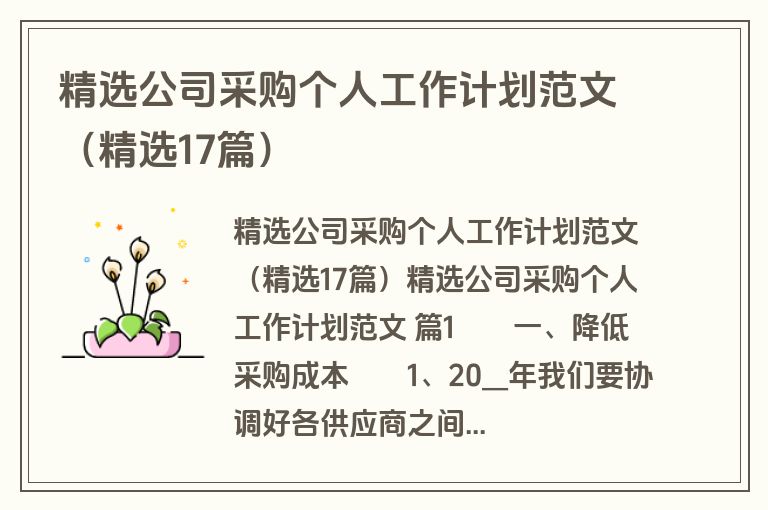 精选公司采购个人工作计划范文（精选17篇）
