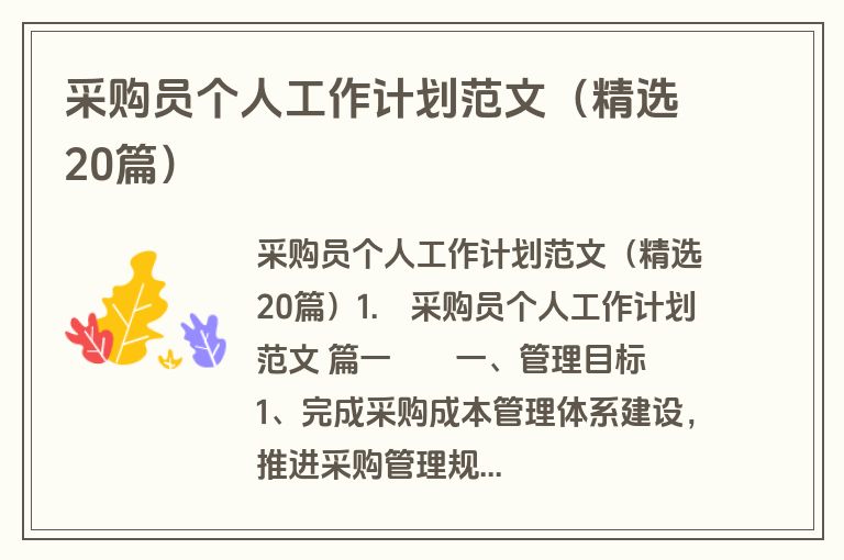 采购员个人工作计划范文（精选20篇）